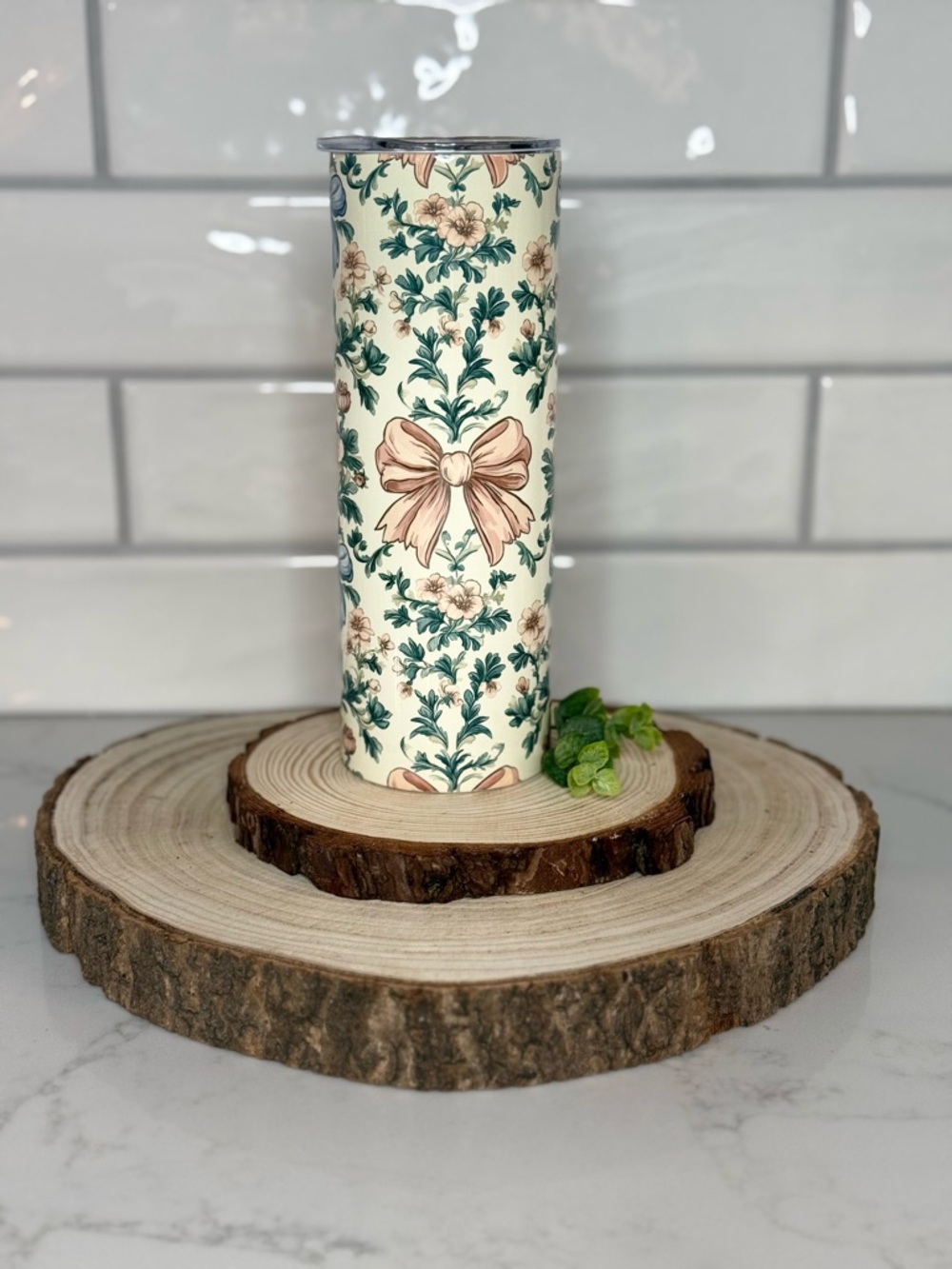 Floral Bow Cream Stainless Tumbler - Elegant Home Accent